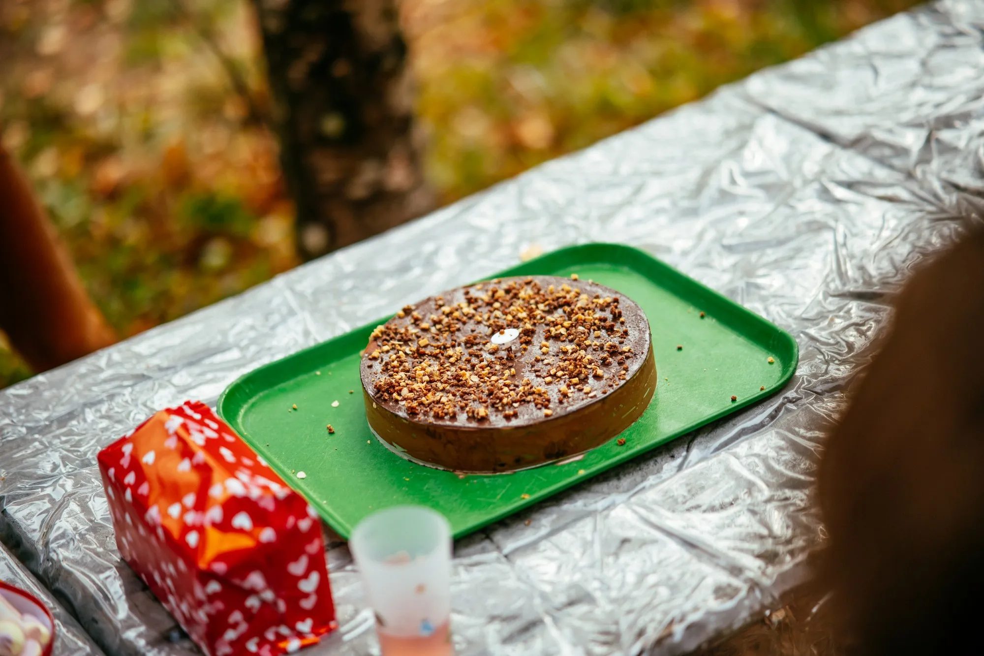 Gâteau au chocolat artisanal sur un plateau vert, sur la table d'anniversaire
